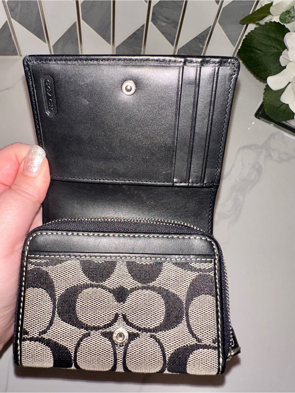 Coach Signature Y2K Black Khaki Compact Zip Wallet - Picture 3 of 5